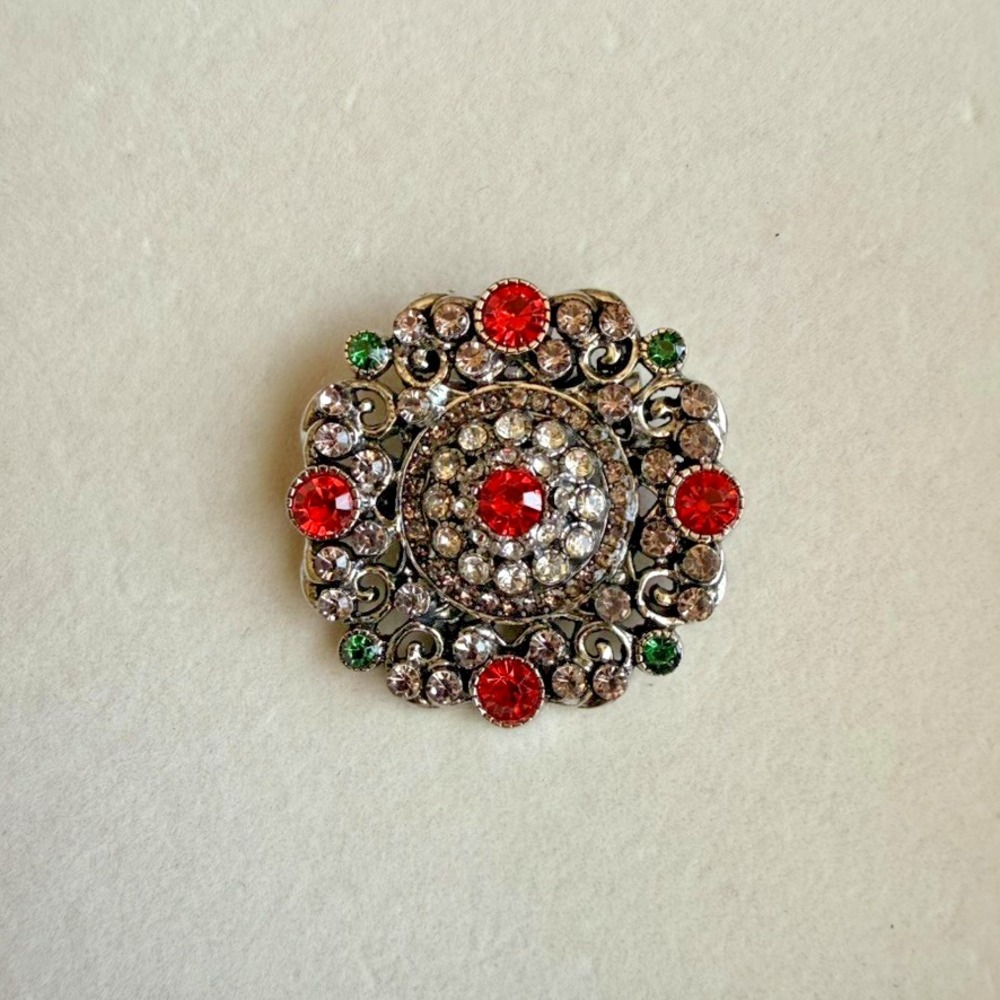 Vintage Style Baroque Brooch Red Rhinestone Antiqued Silver Tone Ornate Pin